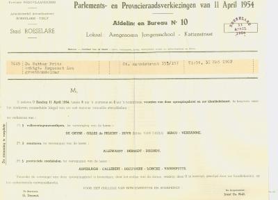 Oproepingsbrief voor parlements- en provincieraadverkiezingen van 11 april 1954, stad Roeselare.