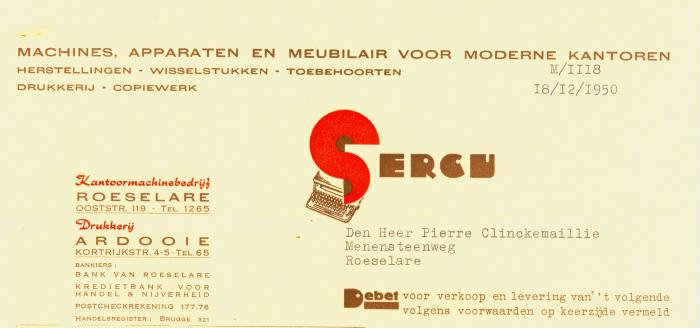 Debet voor verkoop en levering van Sercu van 18 december 1950, Roeselare voor de heer Pierre Clinckemaille, Roeselare.