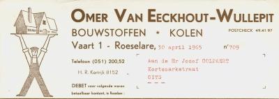 Factuur Omer Van Eeckhout-Wullepit van 30 april 1965, Roeselare aan de heer Jozef Colpaert, Gits.