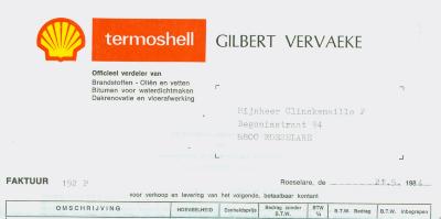 Factuur Gilbert Vervaeke, Roeselare voor M. Clinckemaillie P., Roeselare van 21 mei 1984.
