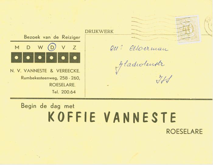 Kaartje met reclame en meer info over Koffie Vanneste, Roeselare. 