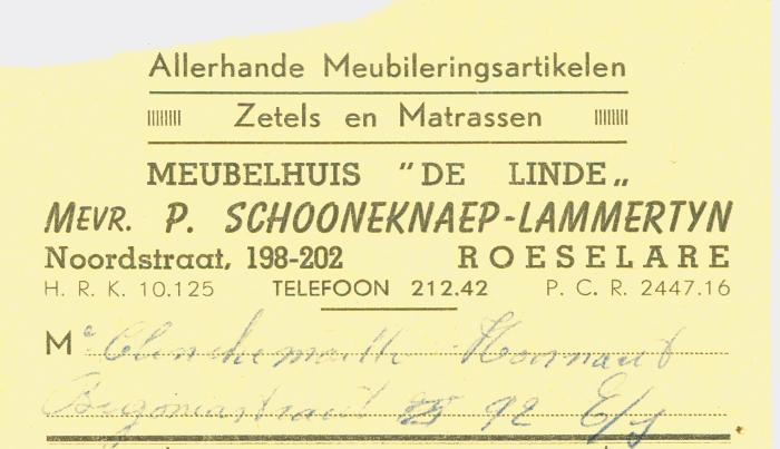 Kasticket Meubelhuis 'De Linde', Roeselare voor Clinckemaille-Hoornaert. 