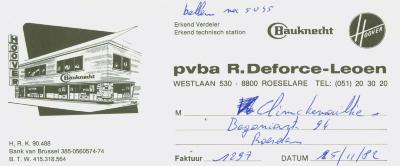 Factuur pvba R. Deforce-Leoen, Roeselare aan Climckemaillie, Roeselare van 25 november 1982.