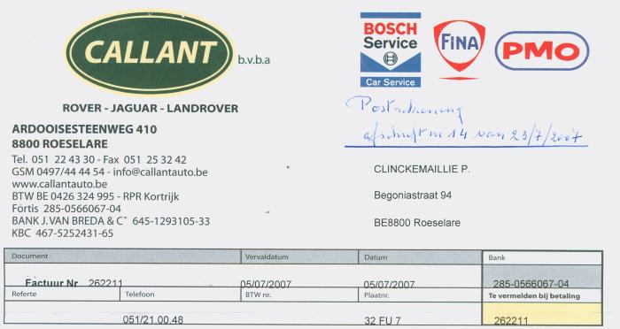 Factuur Callant bvba uit Roeselare voor Clinckemaillie P.uit Roeselare van 5 juli 2007.