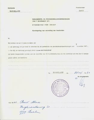 Brief gemeente Roeselare over parlements-en provincieraadsverkiezingen van 7 november 1971 over stemming per brief. 