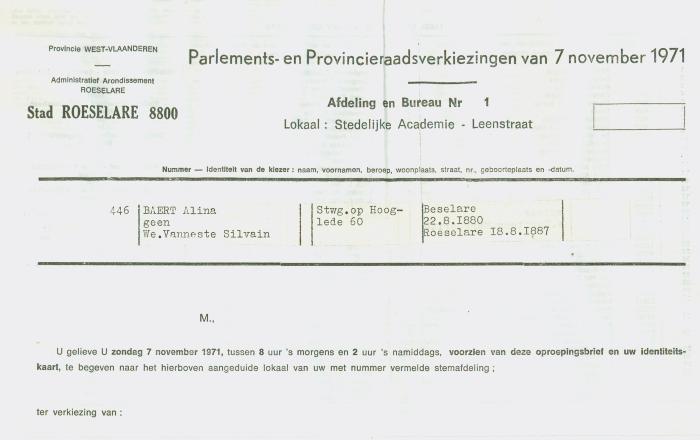 Oproepingsbrief voor Parlements-en Provincieraadsverkiezingen van 7 november 1971 in stad Roeselare aan Baert Aline.