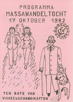 Roze vouwblaadje Programma massatocht, 17 oktober 1982 ten bate van visueel gehandikapten. 