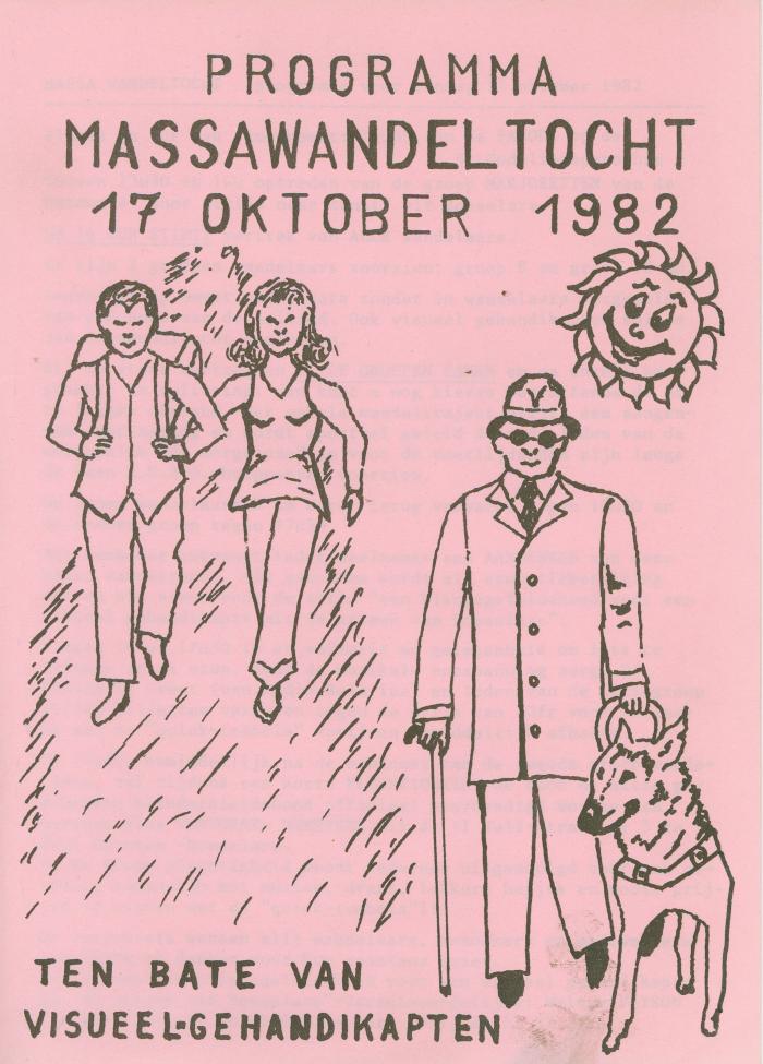 Roze vouwblaadje Programma massatocht, 17 oktober 1982 ten bate van visueel gehandikapten. 