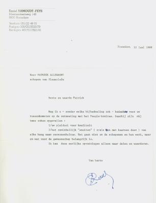 Brief aan de schepen van financiën Patrick Allewaert van Roeselare, 12 juni 1988.