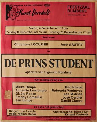 Affiche van de Toneel- en Operetteopvoering "De Prins Student" door het  Roeselaars Lyrisch Gezelschap "Kunst Veredelt", Roeselare, 1981