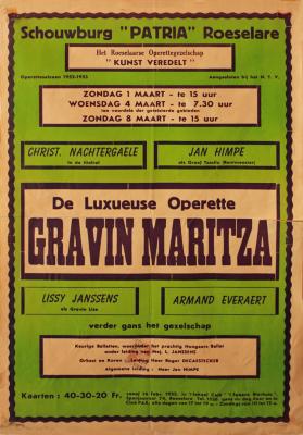 Affiche van de Toneel- en Operetteopvoering "Gravin Maritza" door het  Roeselaars Operettegezelschap "Kunst Veredelt", Roeselare, 1952