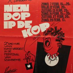 Affiche van de tweede Roeselaarse revue "Nen dop ip de kop" door het  Roeselaars Lyrisch Gezelschap "Kunst Veredelt", Roeselare, 1982
