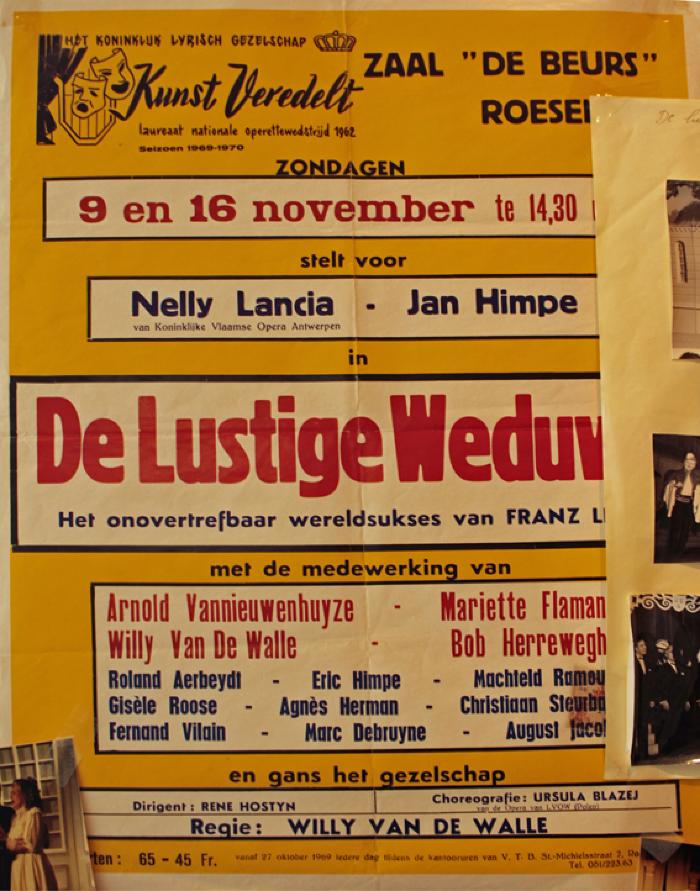 Affiche van de Toneel- en Operetteopvoering "De Lustige Weduwe"  door het  Roeselaars Koninklijk Lyrisch Gezelschap "Kunst Veredelt", Roeselare, 1969