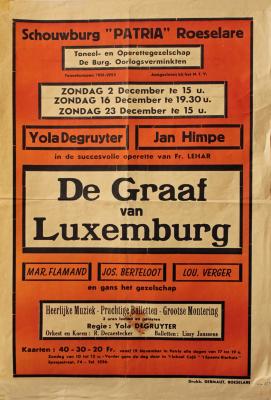 Affiche van de Toneel- en Operetteopvoering "De Graaf van Luxemburg" door het  Toneel- en Operettegezelschap "de Burgerlijke Oorlogsverminkten", Roeselare, 1951