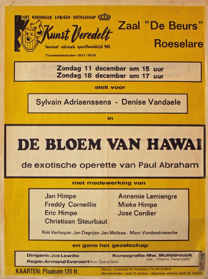 Affiche van de Toneel- en Operetteopvoering "De Bloem van Hawaï"  door het  Roeselaars Koninklijk Lyrisch Gezelschap "Kunst Veredelt", Roeselare, 1977