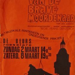 Affiche van de Toneel- en Operetteopvoering "De klucht van de brave moordenaar"  door het  Roeselaars Koninklijk Lyrisch Gezelschap "Kunst Veredelt", Roeselare, 1975