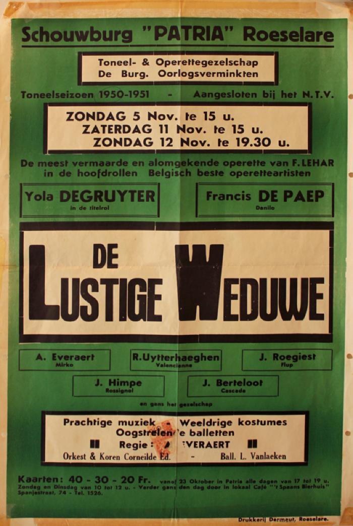 Affiche van de Operetteopvoering "De Lustige Weduwe" door het  toneel- en operettegezelschap "de Burgerlijke Oorlogsverminkten", Roeselare, 1950