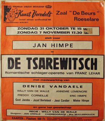 Affiche van de Toneel- en Operetteopvoering "De Tsarewitsch"  door het  Roeselaars Koninklijk Lyrisch Gezelschap "Kunst Veredelt", Roeselare, 1976