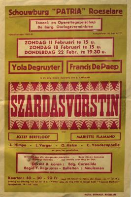 Affiche van de Toneel- en Operetteopvoering "Szardasvorstin" door het  toneel- en operettegezelschap "de Burgerlijke Oorlogsverminkten", Roeselare, 1951