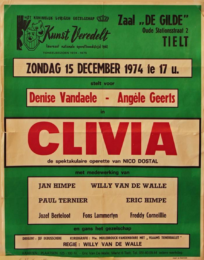 Affiche van de Toneel- en Operetteopvoering "Clivia"  door het  Roeselaars Koninklijk Lyrisch Gezelschap "Kunst Veredelt", Tielt, 1974