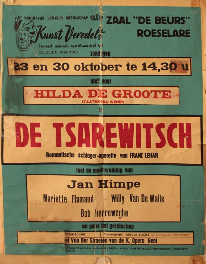 Affiche van de Toneel- en Operetteopvoering "De Tsarewitsch"  door het  Roeselaars Koninklijk Lyrisch Gezelschap "Kunst Veredelt", Roeselare, 1966