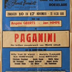 Affiche van de Toneel- en Operetteopvoering "Paganini"  door het  Roeselaars Koninklijk Lyrisch Gezelschap "Kunst Veredelt", Roeselare, 1968