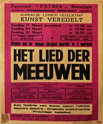 Affiche van de Toneel- en Operetteopvoering "Het Lied der Meeuwen" door het  Roeselaars Koninklijk Lyrisch Gezelschap "Kunst Veredelt", Roeselare, 1957