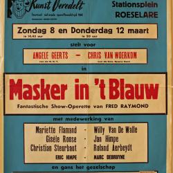 Affiche van de Toneel- en Operetteopvoering "Masker in 't blauw"  door het  Roeselaars Koninklijk Lyrisch Gezelschap "Kunst Veredelt", Roeselare, 1970