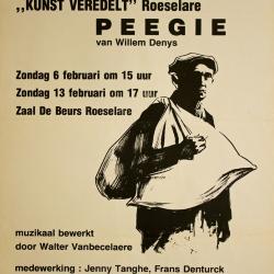 Affiche van de Weekbode die een Toneel- en Operetteopvoering  presenteert "Peegie"  uitgevoerd door het  Roeselaars Koninklijk Lyrisch Gezelschap "Kunst Veredelt", Roeselare, 1977