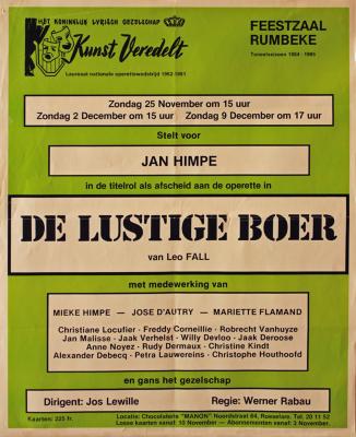 Affiche van de Toneel- en Operetteopvoering "De Lustige Boer" door het  Roeselaars Lyrisch Gezelschap "Kunst Veredelt", Roeselare, 1984