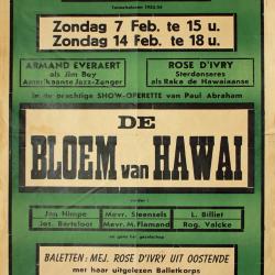 Affiche van de Toneel- en Operetteopvoering "De bloem van Hawaï" door het  Roeselaars Lyrisch Gezelschap "Kunst Veredelt", Roeselare, 1954