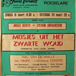Affiche van de Toneel- en Operetteopvoering "Meisjes uit het Zwarte Woud"  door het  Roeselaars Koninklijk Lyrisch Gezelschap "Kunst Veredelt", Roeselare, 1973