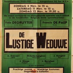 Affiche van de Operetteopvoering "De Lustige Weduwe" door het  toneel- en operettegezelschap "de Burgerlijke Oorlogsverminkten", Roeselare, 1950