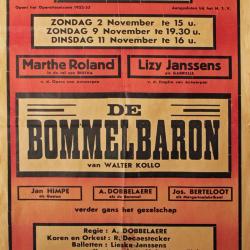 Affiche van de Toneel- en Operetteopvoering "De Bommelbaron" door het  Roeselaars Operettegezelschap "Kunst Veredelt", Roeselare, 1952