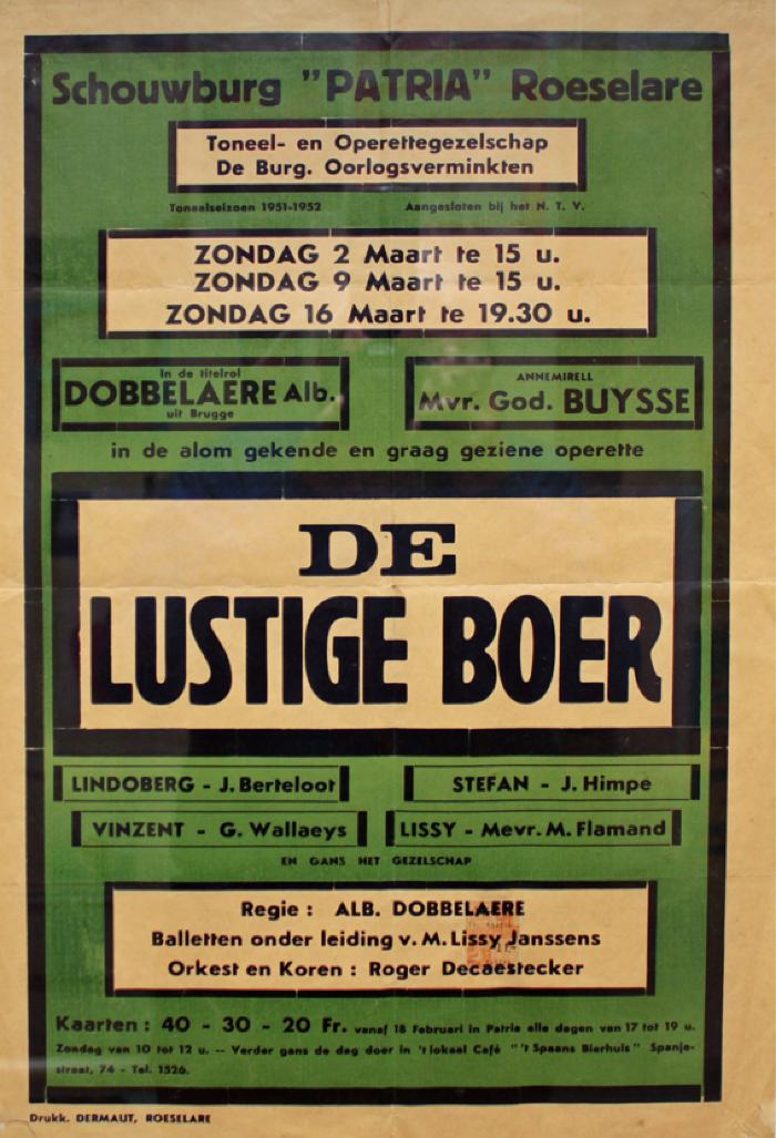 Affiche van de Toneel- en Operetteopvoering "De Lustige Boer" door het  Toneel- en Operettegezelschap "de Burgerlijke Oorlogsverminkten", Roeselare, 1952