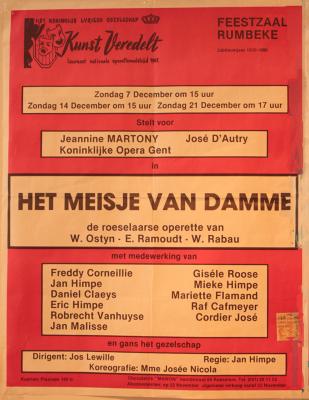 Affiche van de Operetteopvoering "Het meisje van Damme" door het  toneel- en operettegezelschap "Kunst Veredelt", Roeselare, 1980"