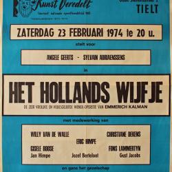 Affiche van de Toneel- en Operetteopvoering "Het Hollands Wijfje"  door het  Roeselaars Koninklijk Lyrisch Gezelschap "Kunst Veredelt", Roeselare, 1974