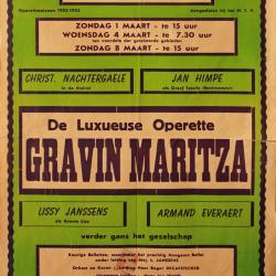 Affiche van de Toneel- en Operetteopvoering "Gravin Maritza" door het  Roeselaars Operettegezelschap "Kunst Veredelt", Roeselare, 1952