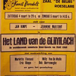 Affiche van de Toneel- en Operetteopvoering "Het land van de glimlach"  door het  Roeselaars Koninklijk Lyrisch Gezelschap "Kunst Veredelt", Roeselare, 1972