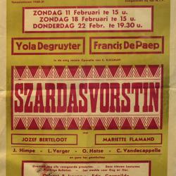 Affiche van de Toneel- en Operetteopvoering "Szardasvorstin" door het  toneel- en operettegezelschap "de Burgerlijke Oorlogsverminkten", Roeselare, 1951
