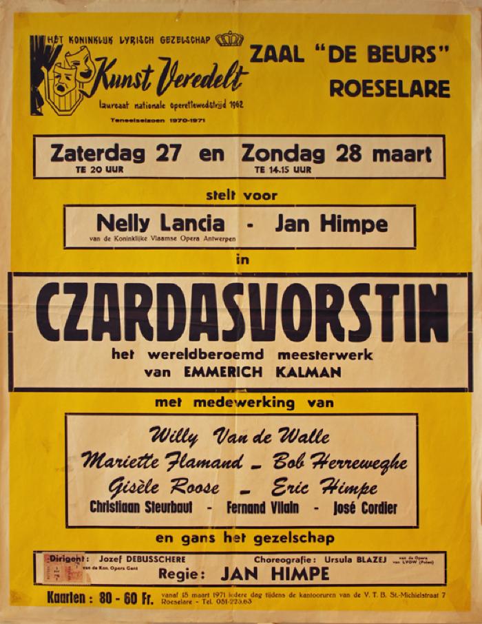 Affiche van de Toneel- en Operetteopvoering "De Czardasvorstin"  door het  Roeselaars Koninklijk Lyrisch Gezelschap "Kunst Veredelt", Roeselare, 1971