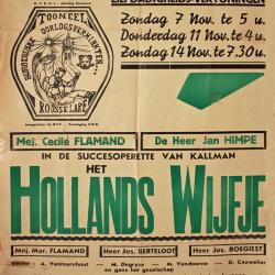 Affiche van de Operetteopvoering "Het Hollands Wijfje" door het  toneelgezelschap "de burgerlijke oorlogsverminkten", Roeselare, 1948