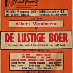 Affiche van de Toneel- en Operetteopvoering "De Lustige Boer"  door het  Roeselaars Koninklijk Lyrisch Gezelschap "Kunst Veredelt", Roeselare, 1970