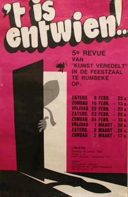 Affiche van de vijfde Roeselaarse revue "'t Is entwien!" door het  Roeselaars Lyrisch Gezelschap "Kunst Veredelt", Roeselare, 1985