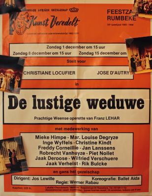 Affiche van de Toneel- en Operetteopvoering "De Lustige Weduwe" door het  Roeselaars Lyrisch Gezelschap "Kunst Veredelt", Roeselare, 1985