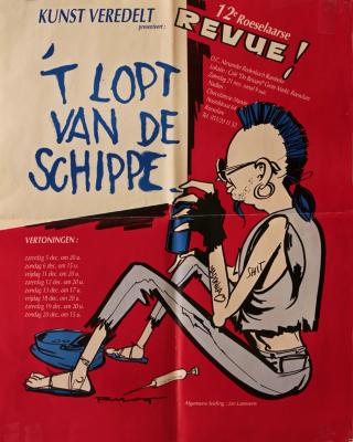 Affiche van de 12° Roeselaarse Revue opvoering "'t Lopt van de Schippe" door het  Roeselaars Lyrisch Gezelschap "Kunst Veredelt", Roeselare, 1992
