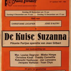 Affiche van de Toneel- en Operetteopvoering "De Kuise Suzanna" door het  Roeselaars Lyrisch Gezelschap "Kunst Veredelt", Roeselare, 1987