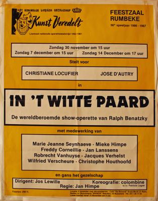 Affiche van de Toneel- en Operetteopvoering "In 't Witte Paard" door het  Roeselaars Lyrisch Gezelschap "Kunst Veredelt", Roeselare, 1986