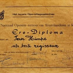 Diploma's uitgeschreven door het Ieperse  Operettegezelschap ter gelegenheid van het 1ste Nationaal Operette-tornooi van WesVlaanderen, Ieper, 1981
