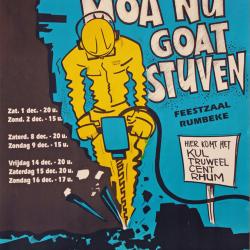 Affiche van de 11° Roeselaarse Revue opvoering "Moa nu goat stuven" door het  Roeselaars Lyrisch Gezelschap "Kunst Veredelt", Roeselare, 1990